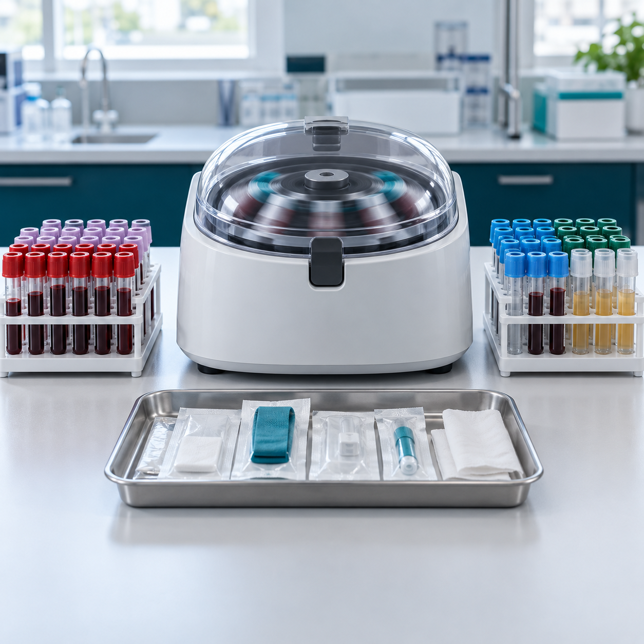 Illustrative clinical workstation with a closed spinning centrifuge, balanced blood sample racks, and packaged blood-draw supplies