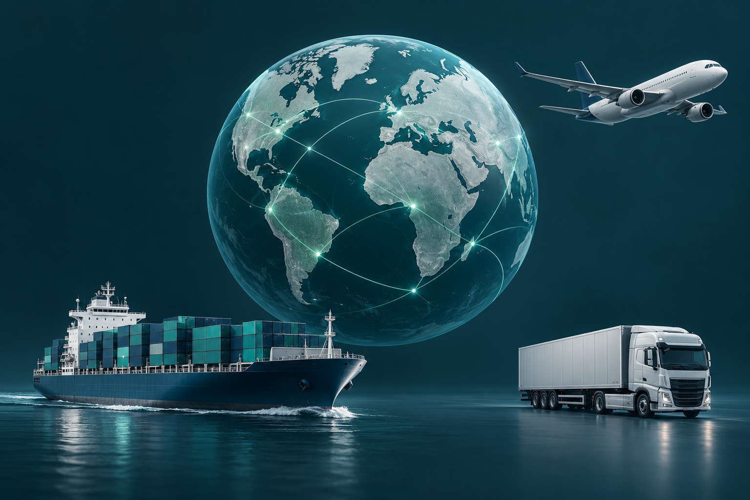 International logistics illustration with a globe, worldwide connections, airplane, container ship, and freight truck