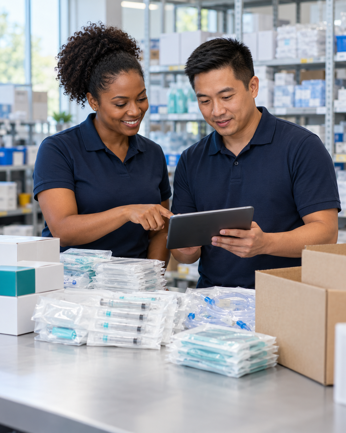 Illustrative medical supply team reviewing an order beside packaged syringes, infusion supplies, and shipping cartons