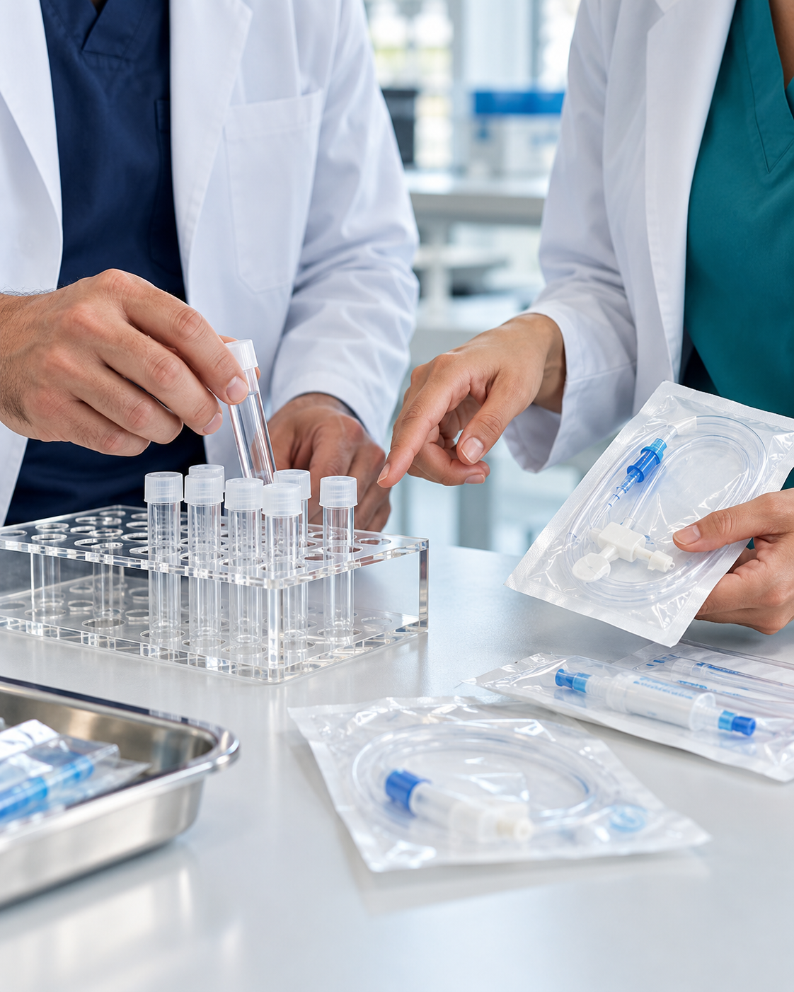 Illustrative close-up of professionals reviewing laboratory racks and infusion supplies